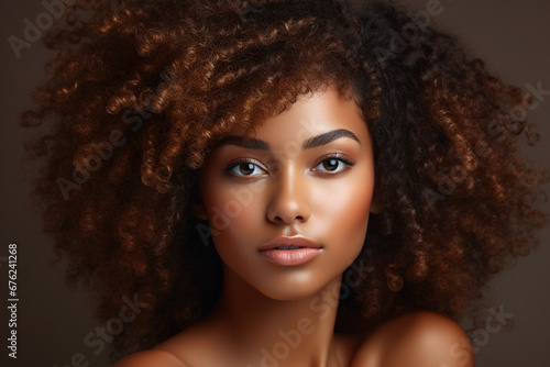 Beauty, face and black woman with makeup and natural cosmetics portrait, afro and skincare closeup against studio background, Happy model, cosmetic advertising and hair care, facial and healthy skin