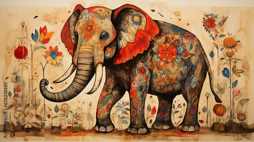 Obraz premium Traditional madhubani style painting of an elephant on a textured background.