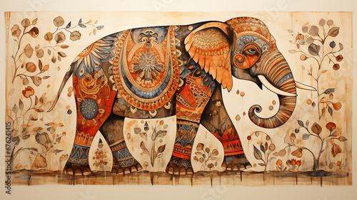 Traditional madhubani style painting of an elephant on a textured background. photo