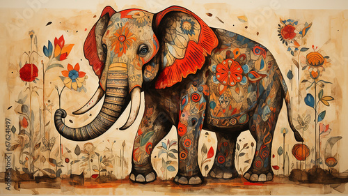 Traditional madhubani style painting of an elephant on a textured background.