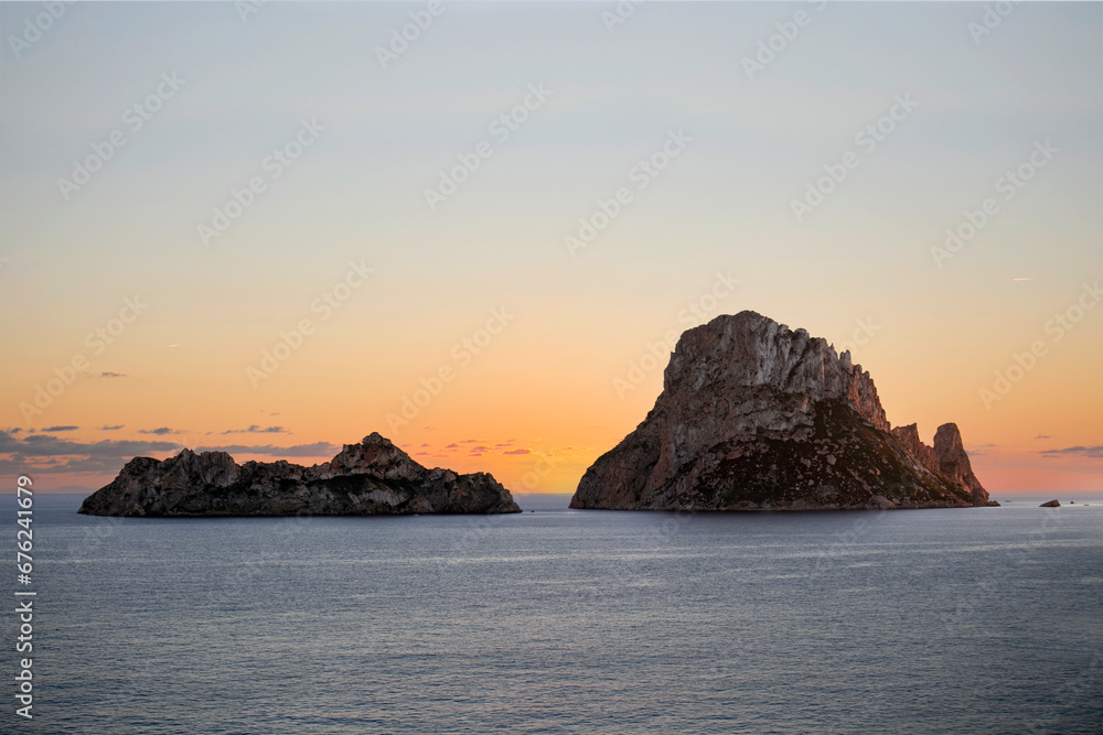 Views of the islets of es Vedra and es Vedranell in Ibiza, Balearic Islands, Spain.