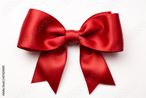 A larg red ribbon bow on white background