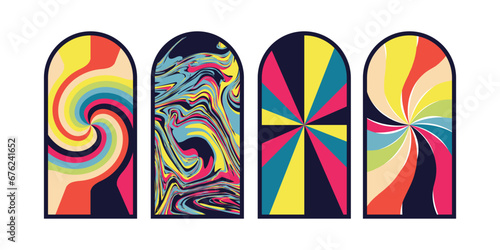 Set of Psychedelic groovy swirl frames and decor in yellow blue orange and pink. Trendy 1960s and 1970s style illustration vector.
