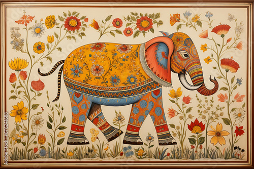 Traditional madhubani style painting of an elephant on a textured background.