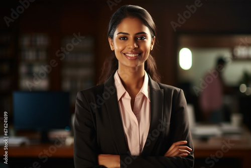 Business woman, portrait and lawyer at a law firm feeling proud of corporate vision, Happiness, smile and employee growth of an Indian person with mock up with professional mindset and success