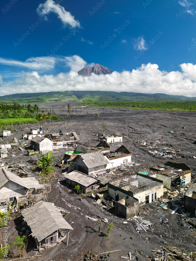 The village after the eruption of the Semeru volcano on December 4, 2022. Java Island, Indonesia