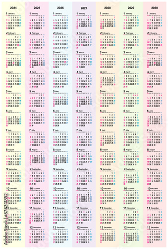 日曜日始まりの2024年から2030年までのカレンダー03
