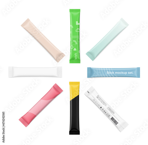 Set of realistic packaging stick mockup. Flat lay view. Vector illustration isolated on white background. It can be used for sugar, coffee, ketchup, powder, cosmetics and etc. EPS10.