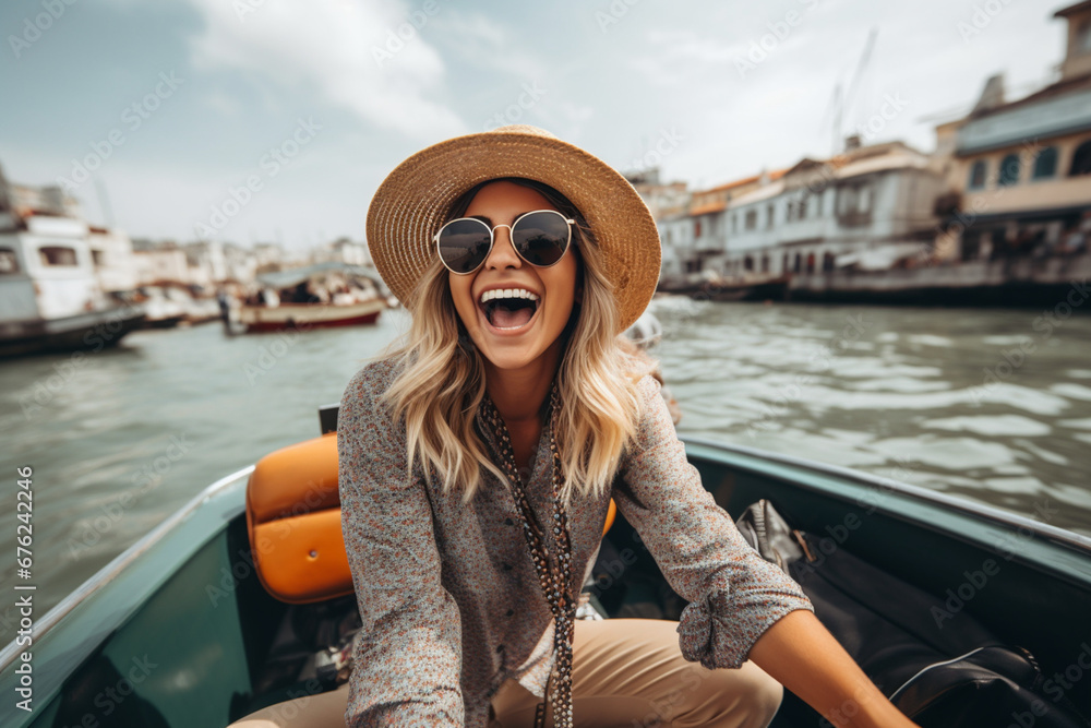 Cheerful woman traveling with taxi boat and photographing with point and shoot camera