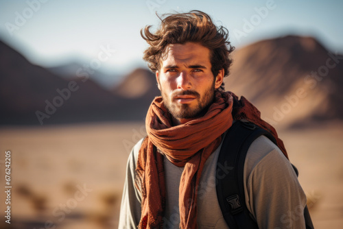 Young adventurer with scarf in desert landscape