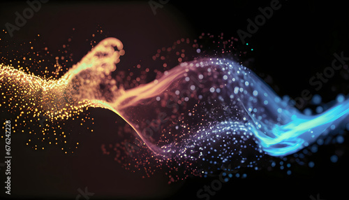 abstract flowing fluid colorful light particles on black background with copy space in concept technology  science  space  universe.