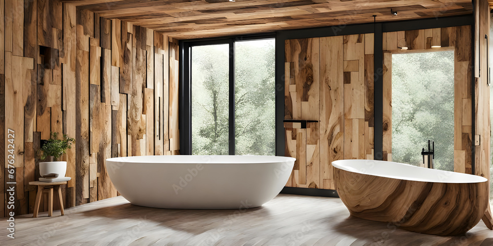 Rustic interior design of modern bathroom with wooden wall and bathtub decorated. Rustic interior design of modern bathroom with wooden wall and bathtub decorated.