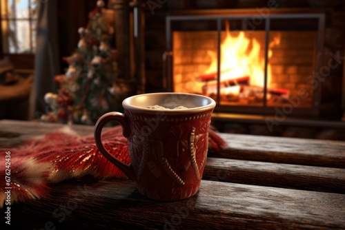 A Mug of hot chocolate by the fireplace during christmas
