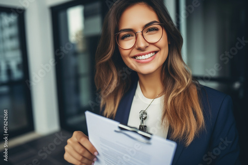 Close up focus on keys, smiling woman Real Estate Agent selling apartment, offering to client, showing at camera, holding documents, contract, making purchasing deal, real estate agent, mortgage or re photo
