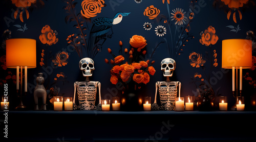 sugar Skull in Mexican tattoo, Day of the dead. Dia De Los Muertos celebration background. Sugar Skull, marigolds or cempasuchil flowers photo