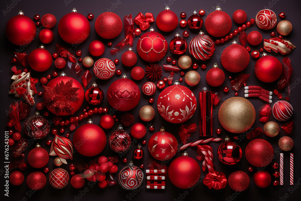 Set, collection of christmas ornaments in various sizes and shapes isolated on dark background Set, collection of christmas ornaments in various sizes and shapes isolated on dark background