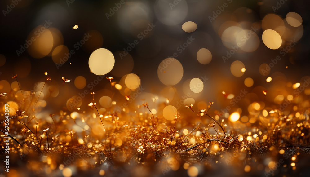 Magical golden bokeh lights with delicate flora