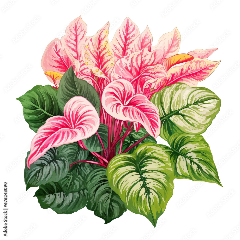 White foliage with red speckles fancy leaf Caladium tropical foliage houseplan on white background