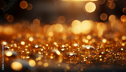 Magical spheres with golden glitter on a reflective surface with bokeh lights.