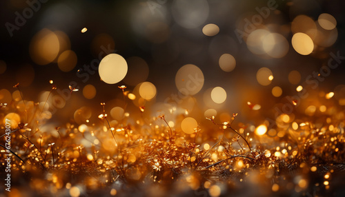 Magical golden bokeh lights with delicate flora