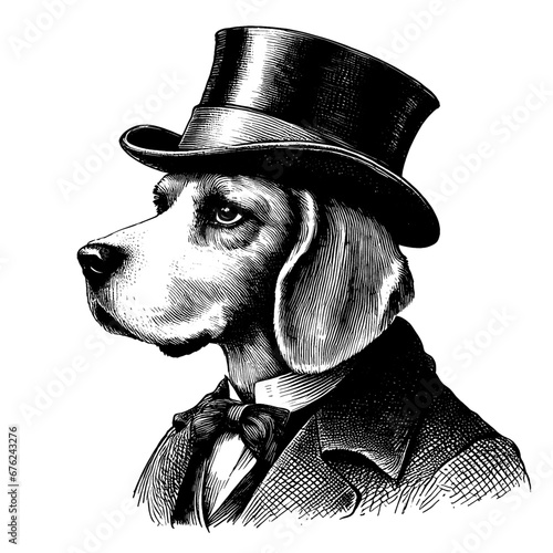 Portrait of a Victorian beagle dog with hat. Hand Drawn Engraving Pen and Ink. Vector Isolated in White. Engraving vintage style illustration for print, tattoo, t-shirt, sticker