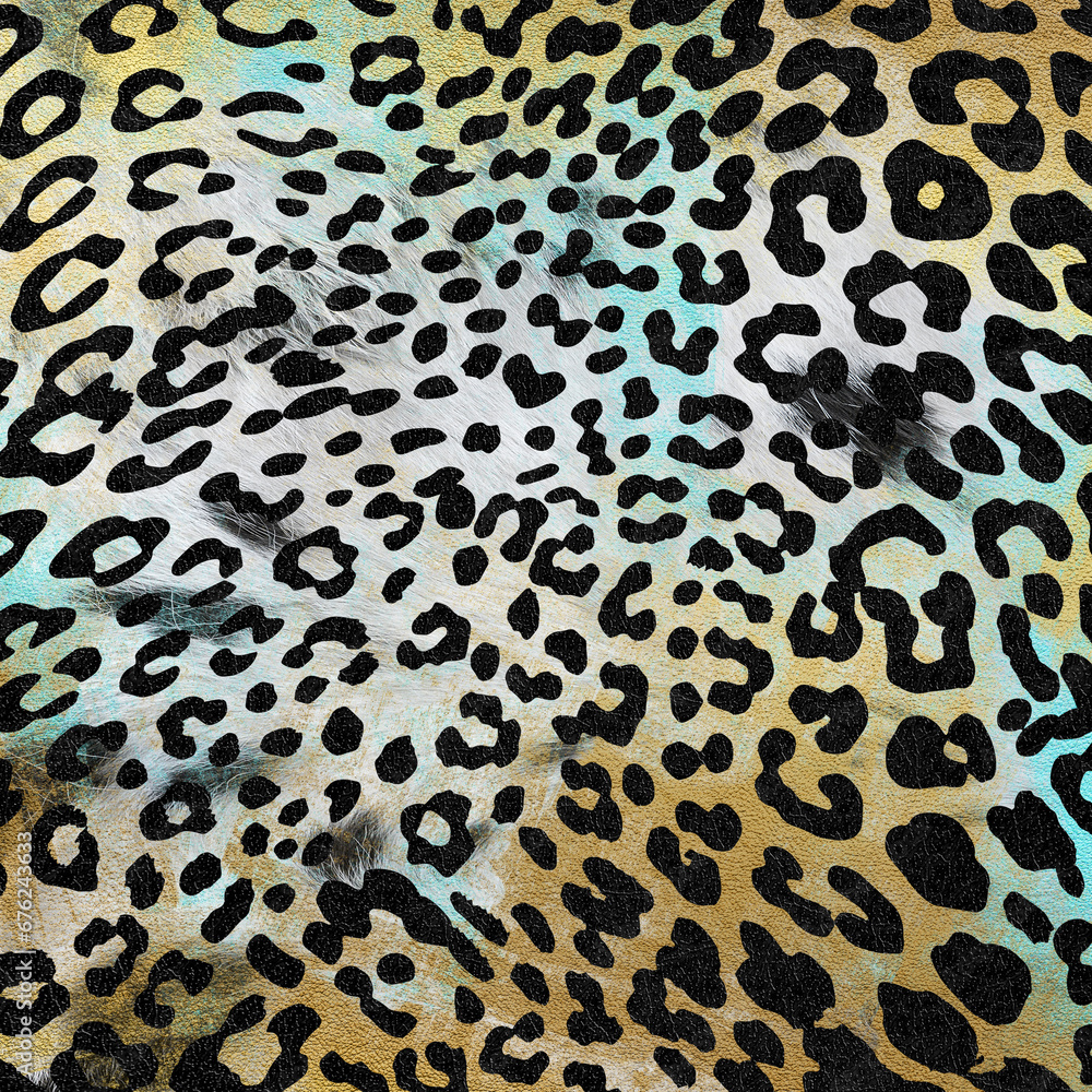 Naklejka premium Bright artistic African backdrop with leopard skin prints. Scrapbook background design