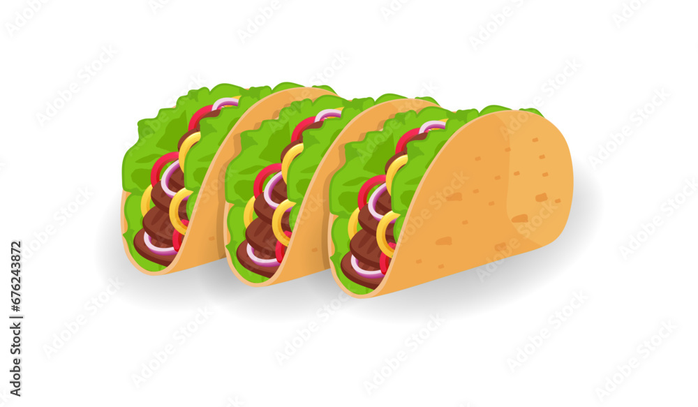 composition from tasty tacos icons on white background. Realistic style. Vector illustration. advertisements, menu
