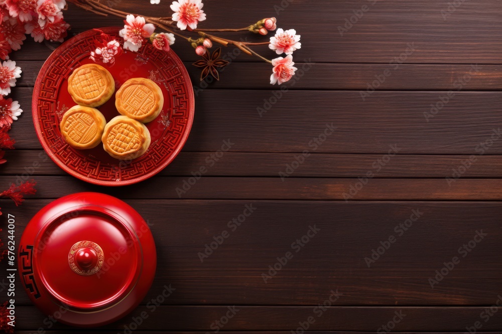 Moon cake Mooncake table setting - Round shaped Chinese traditional pastry with tea cups on wooden background, Mid-Autumn Festival concept, close up. Moon cake Mooncake table setting - Round shaped Chinese traditional pastry with tea cups on wooden background, Mid-Autumn Festival concept, close up.