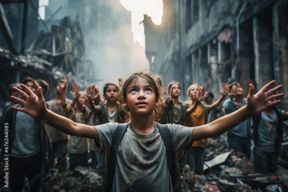 The crying faces of boys and girls raised their hands to pray to protection and to stop war. destroyed houses and the people grieving in the background - obrazy, fototapety, plakaty 