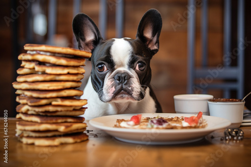 A dog sitting on a chair with a fresh yummy pancake topped with caramel sauce and butter stacks plates on a dinner table in front of it. Generative AI. © Surachetsh