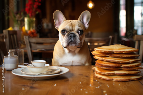 A dog sitting on a chair with a fresh yummy pancake topped with caramel sauce and butter stacks plates on a dinner table in front of it. Generative AI.