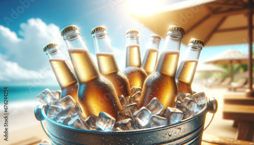 Bucket of Ice with Light Beer Bottles