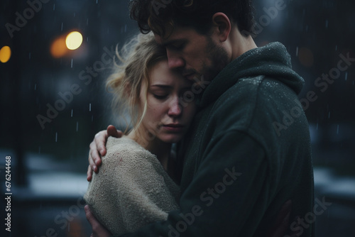Dramatic Portrait of Young sad woman embracing her boyfriend while crying about something