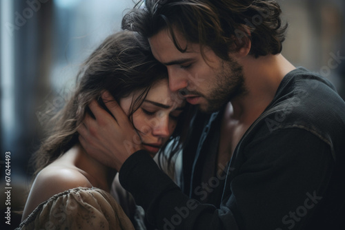 Dramatic Portrait of Young sad woman embracing her boyfriend while crying about something