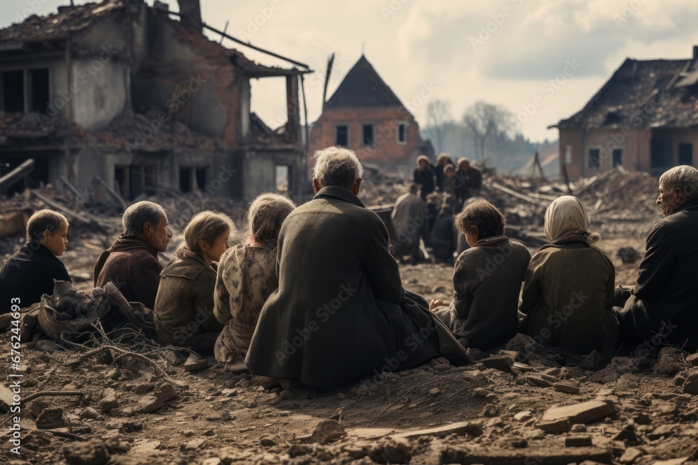 People mourn from war injuries. Houses crumble in the background.