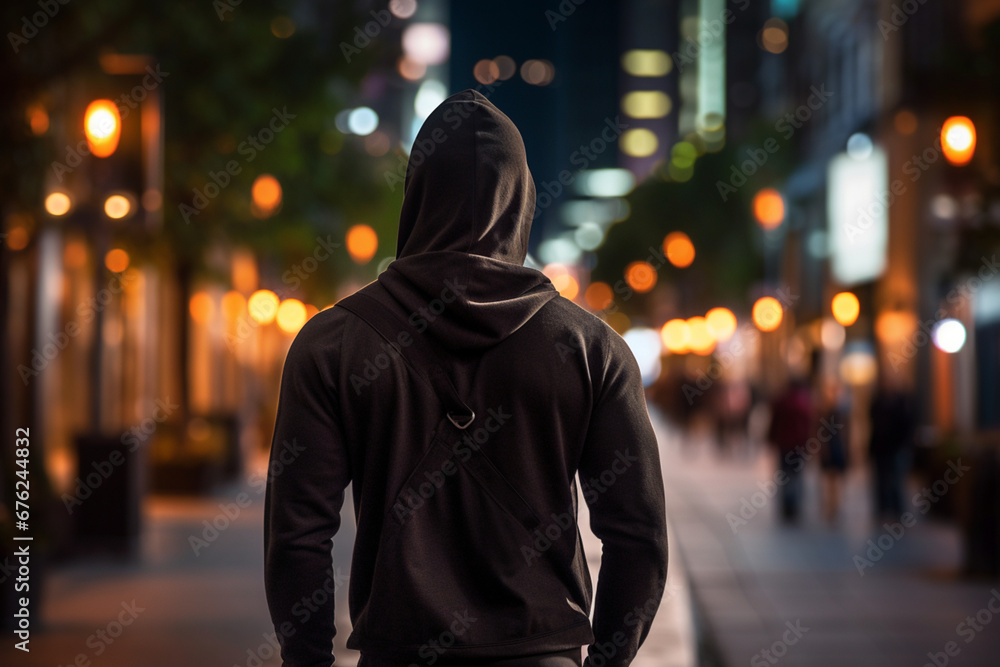 Fitness, black man and walking on city street after running, exercise and gym workout with a hoodie at night, Back of a male athlete in urban Miami for a walk and cardio training with a duffle bag Fitness, black man and walking on city street after running, exercise and gym workout with a hoodie at night, Back of a male athlete in urban Miami for a walk and cardio training with a duffle bag
