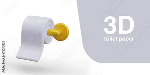 Roll of toilet paper on gold holder. Bathroom tissue. White soft sanitary napkins. Disposable hygienic product for wiping moisture, cleaning. Kitchen towels. Vector illustration