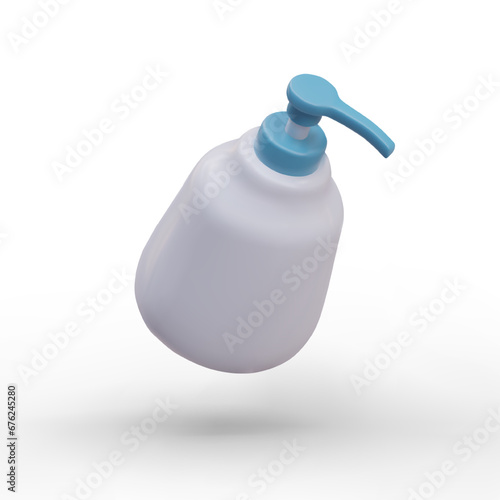 3d bottle with soap, shampoo or detergent and blue dispenser. Mock-up with plastic container for different cosmetic. Vector illustration with place for text in 3d realistic style