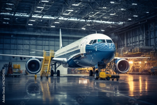 Passenger airplane in the hangar during maintenance photo