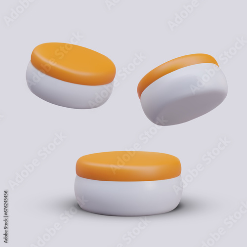 Vector jar of cream, mockup. Front, top, bottom view. Place for inscription, logo on orange lid, side of can. Advertising template, illustrations for cosmetic website, application