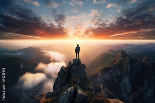 Person standing on a mountain peak photo