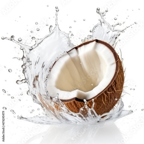 Coconut halves and water splash on white background delicious tropical coconuts and splashing water on white background