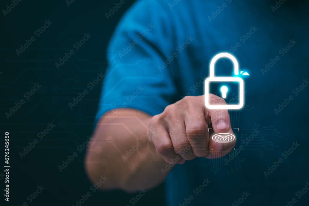 Person showing protection and encryption of password data used in the Internet world, digital transformation management concept Internet of Things, big data and business processes, automation Person showing protection and encryption of password data used in the Internet world, digital transformation management concept Internet of Things, big data and business processes, automation