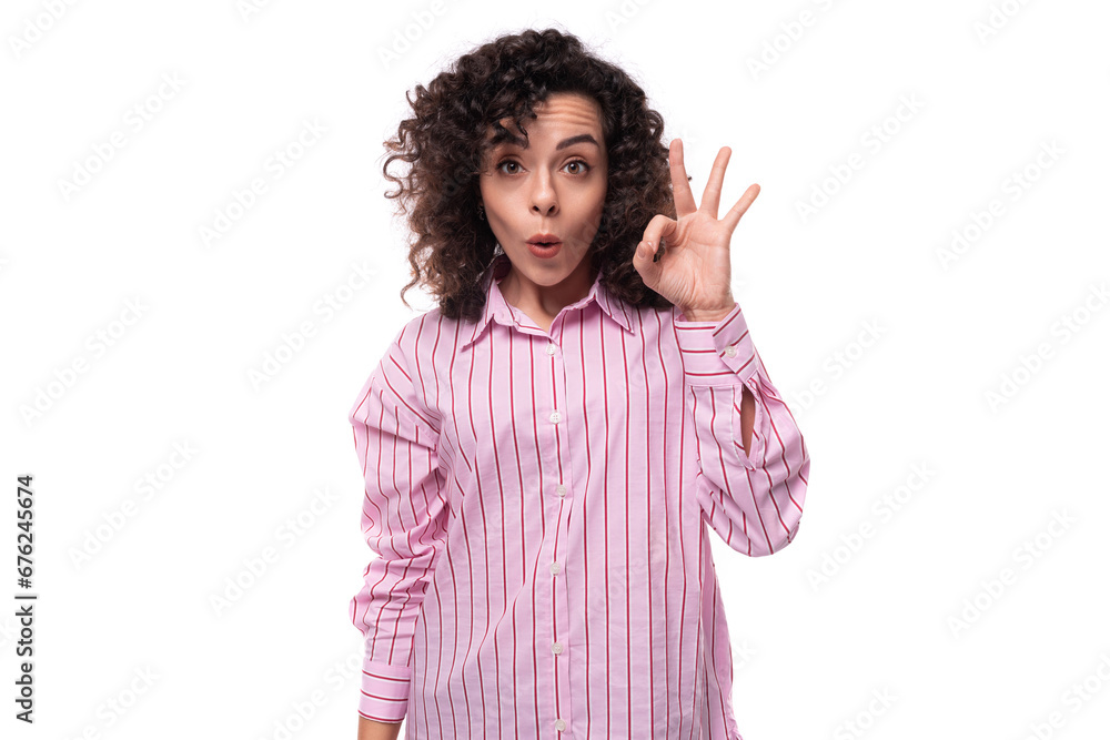 young authentic slim curly brunette model woman wearing pink striped shirt young authentic slim curly brunette model woman wearing pink striped shirt