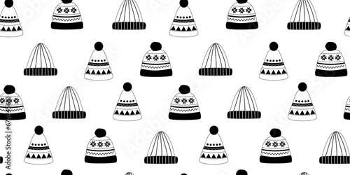 Linear warm hats seamless pattern. Doodles. Warm head wear. Autumn and winter essentials. Christmas. Line art. Coloring book. Background, digital paper, wrapping paper.