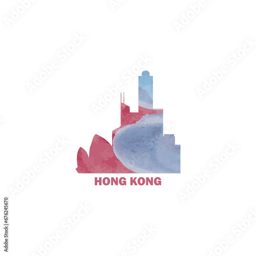 Hong Kong watercolor cityscape skyline city panorama vector flat modern logo, icon. China megapolis emblem concept with landmarks and building silhouettes. Isolated graphic