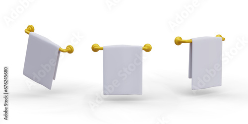 Set of white towels on metal holder. Vector image in different positions with shadows. Place for logo, mockup. Textiles for home, hotel, sauna. Cloth for hygienic procedures