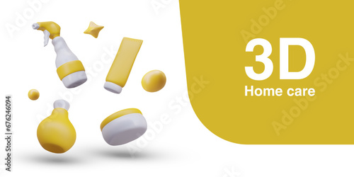 Home care concept. Beauty routine. Vector packaging for cosmetics and detergents. Yellow tube, spray bottle, jar of liquid soap, cream, decorative elements. Place for logo, brand, trademark