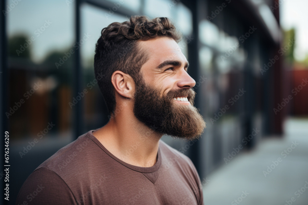 Happy young man with beard looking away and smiling Happy young man with beard looking away and smiling