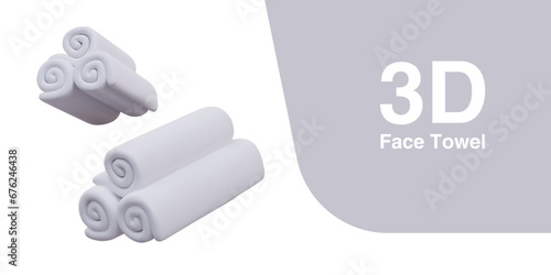 3D model of rolled towel. White bathroom textiles, unmarked. Place for logo. Volumetric icon for shop of bath accessories. Hygiene of face skin. Isolated vector image